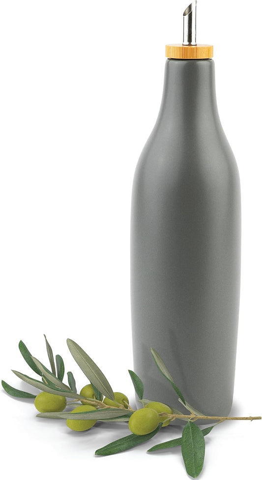 kitchentoolz Olive Oil Stoneware Dispenser Bottle, Ceramic 16 Oz Container for EVOO or Vinegar Kitchen Counter, Pewter Gray