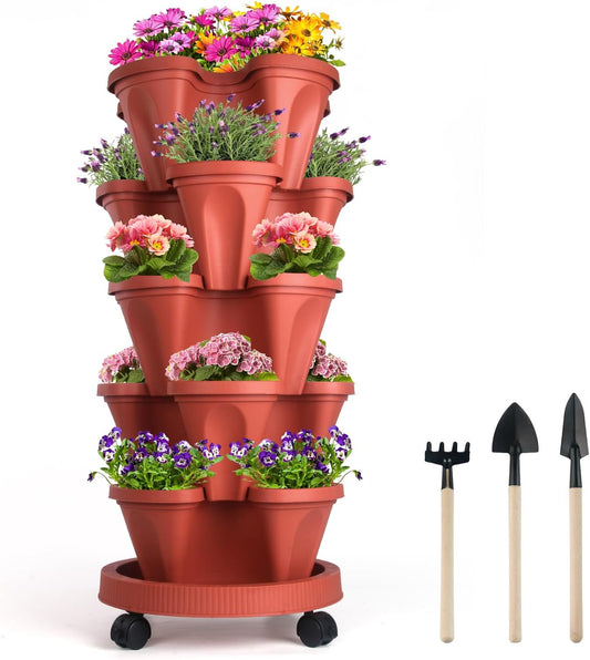 DUNCHATY Stackable Planter with Removable Wheels and Garden Tools, Garden Planting Tower Planters, Indoor Outdoor Gardening Pots - 5 Tier Vertical Planter