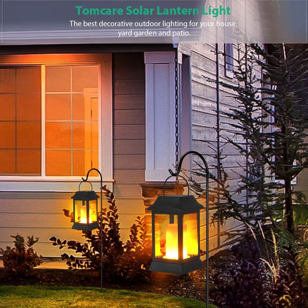 TomCare Solar Lights Metal Flickering Flame Solar Lantern Outdoor Hanging Lanterns Decorative Lighting Heavy Duty Solar Powered Waterproof Umbrella Lighting for Garden Yard Patio Deck, 2 Pack（Black）