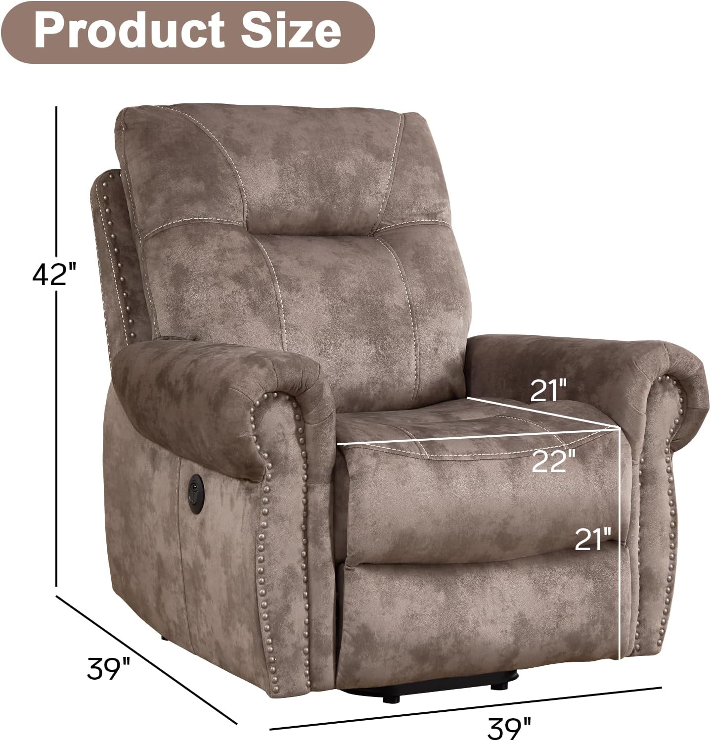 EBELLO Electric Power Recliner Chair with Massage and Heat, Soft Fabric Massage Recliner for Adults, Overstuffed Single Reclining Sofa, Vintage Rivet Mid-Century Design for Living Room, Brown