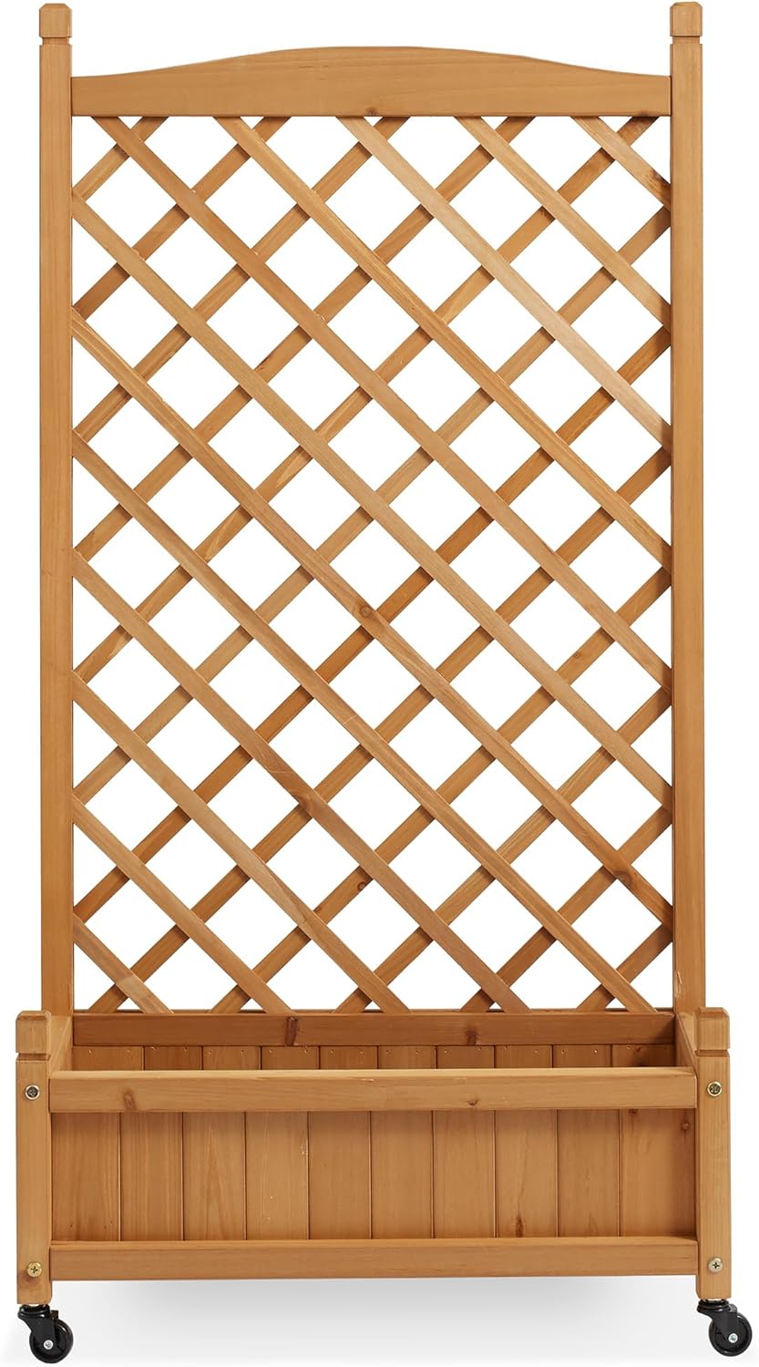 Casafield 48" Raised Garden Bed with Trellis - Wooden Diamond Lattice for Climbing Plants and Planter Box with Drainage Holes and Wheels