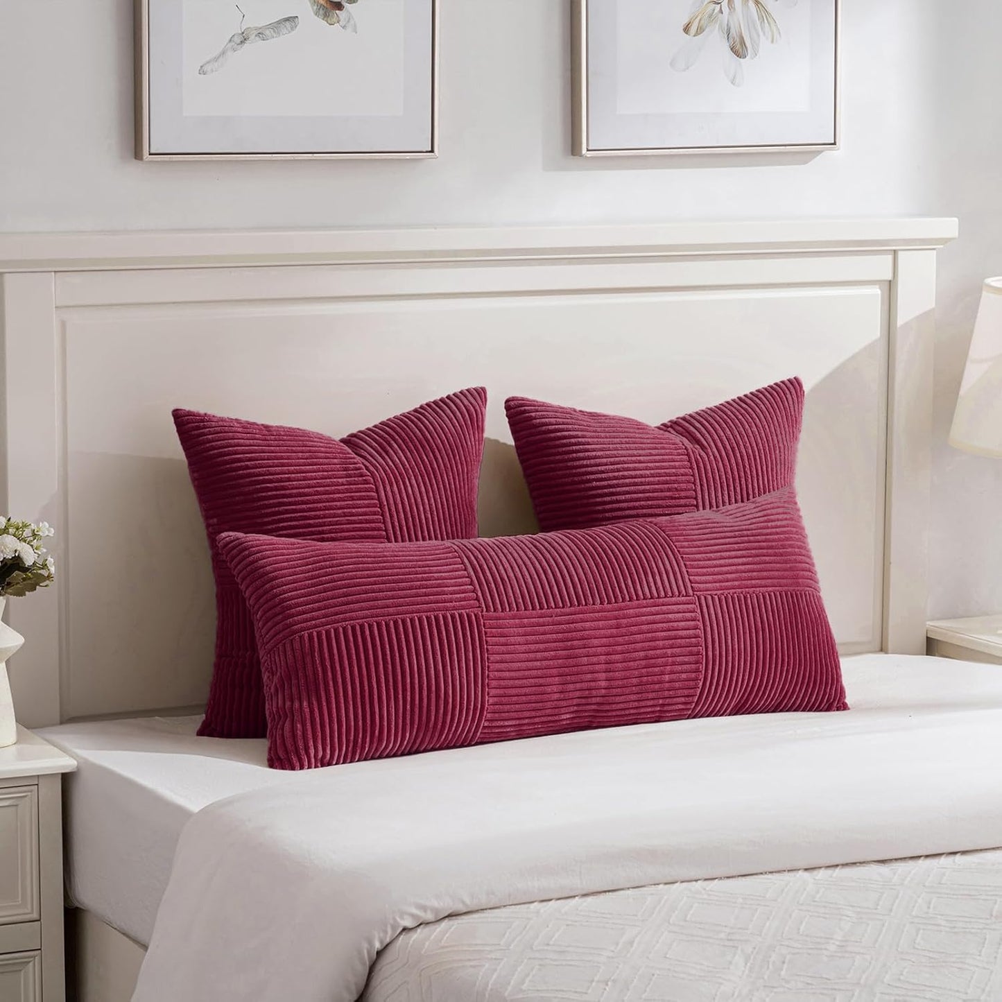 Fancy Homi 2 Packs Burgundy Red Decorative Throw Pillow Covers 16x16 Inch for Living Room Couch Bed, Rustic Farmhouse Boho Home Decor, Soft Corss Patchwork Corduroy Textured Cushion Case 40x40 cm