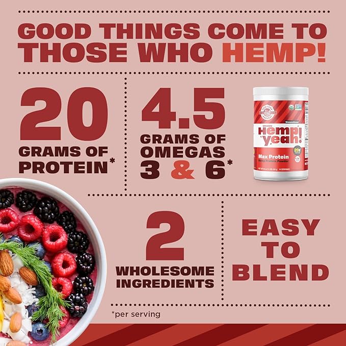 Manitoba Harvest Hemp Yeah! Organic Max Protein Powder, Unsweetened, 16oz; with 20g Protein and 4.5g Omegas 3&6 per Serving, Keto-Friendly, Preservative Free, Non-GMO, Packaging May Vary