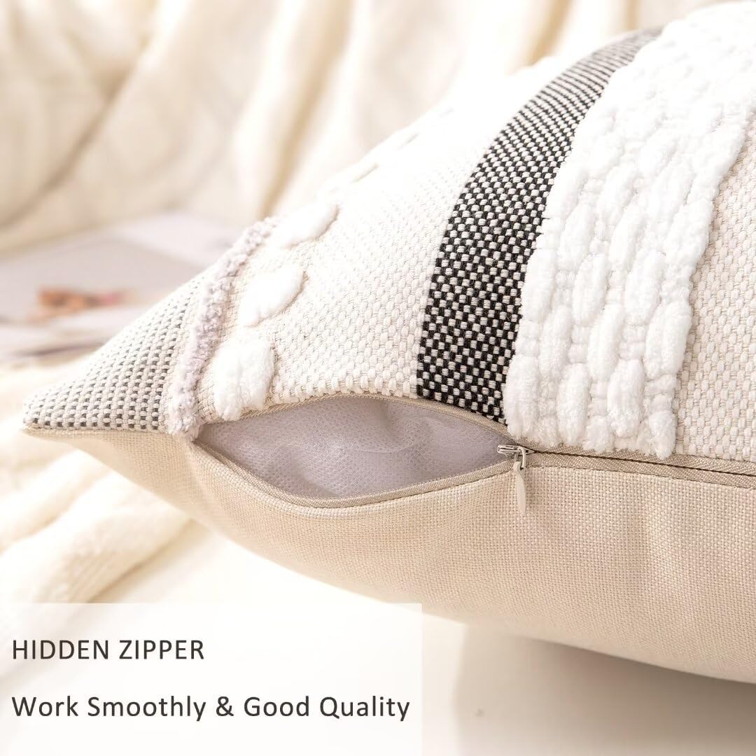 Boho Throw Pillow Covers 18x18 Set of 2 Farmhouse Decorative Cushion Case Striped Square Pillows Cover Chenille Pillow Cases Accent Neutral Pillowcase for Sofa Couch Bed,White