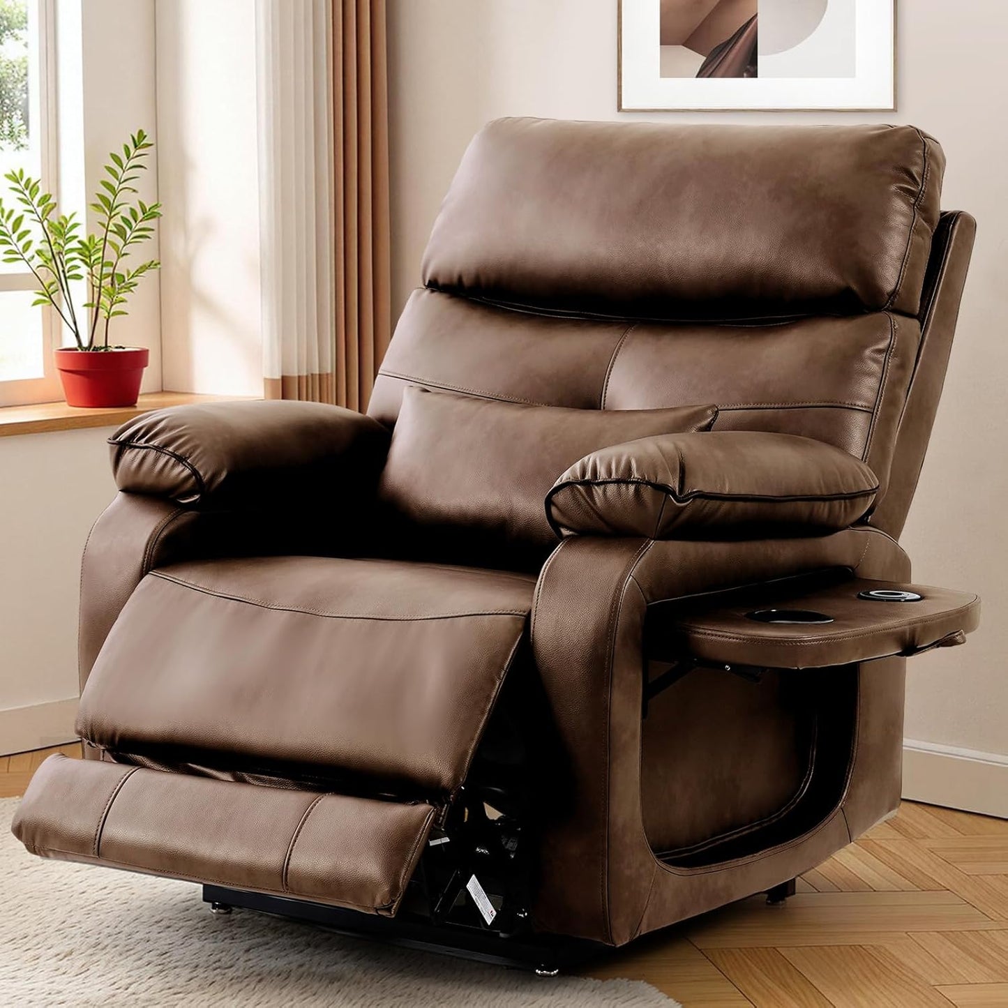 Dual Motor Power Lift Recliner Chair for Adult & Elderly, Infinite Position Lay Flat Lift Chair with Heat & Massage, Cup Holder, Lumbar Pillow, Wireless Charger, USB Ports, Leather (Ochre)