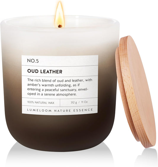 Oud & Leather Scented Candle, 11oz Aromatherapy Soy Wax Candles for Home Scented, Long Lasting, Oud Leather Scent for Home, Gifts for Men, Women, Friends, Teacher, Relaxation & Stress Relief