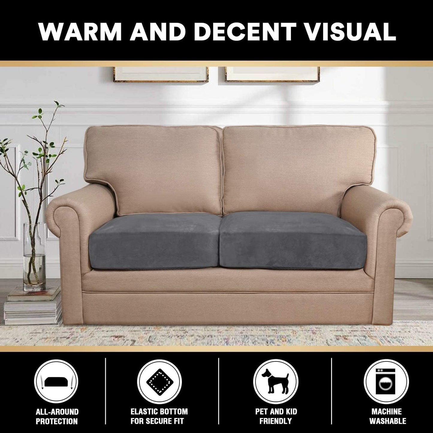 PrinceDeco Velvet Couch Cushion Cover Soft Stretch Cushion Slipcover for Chair Loveseat Sofa Cushion Furniture Protector Seat Cushion Sofa Cover (2 Piece Large Sofa Cushion Covers, Grey)