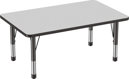 FDP Rectangle Activity School and Classroom Kids Table (30 x 48 inch), Chunky Toddler Legs, Adjustable Height 15-24 inches - Gray Top and Black Edge