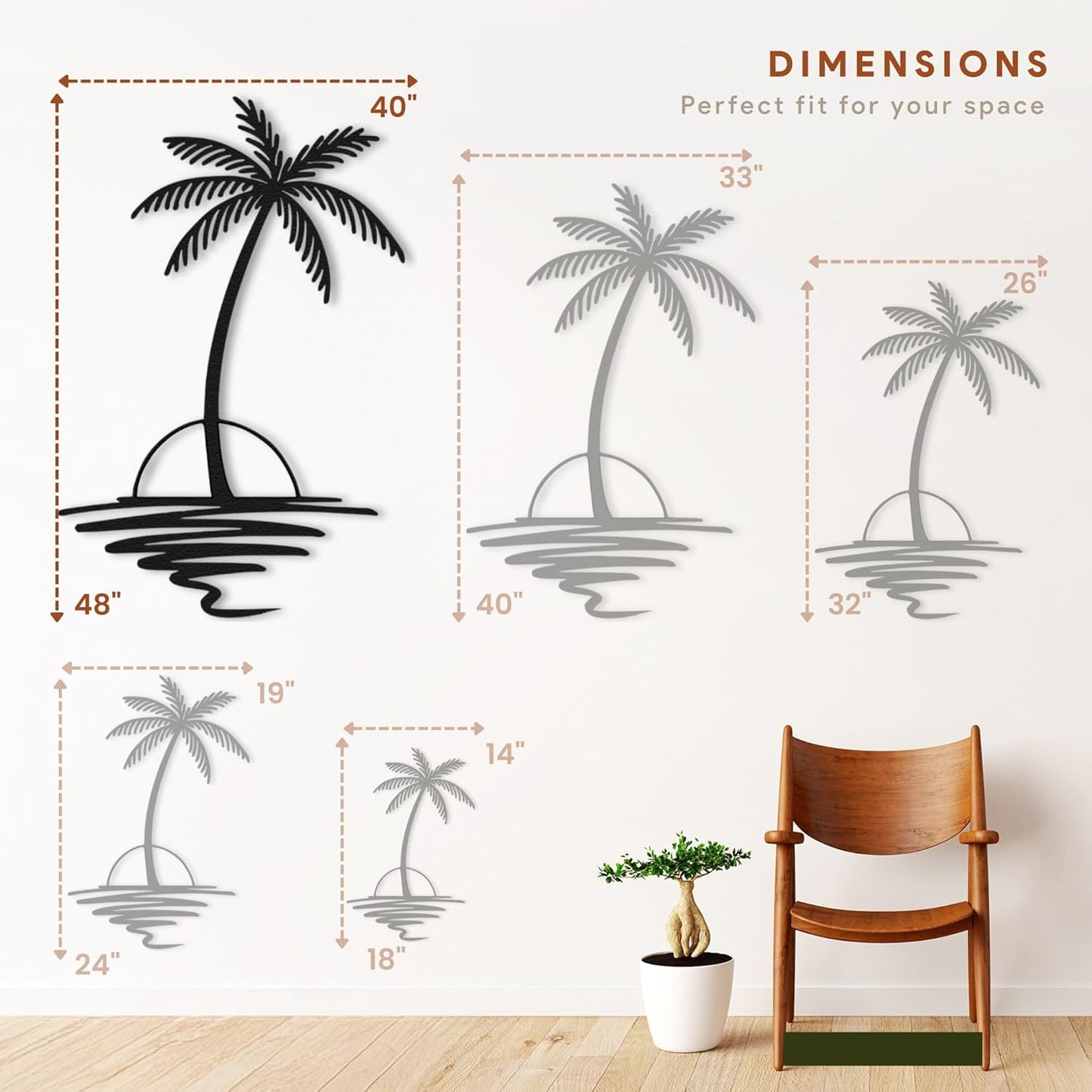 Metal Palm Tree with Sunset Wall Art, Large Outdoor Wall Decor, Tropical Beach Decor for Living Room, Bedroom, Garden Home Wall Sign, Perfect Metal Wall Art for Beach House (Black, 48 x 40 inches)