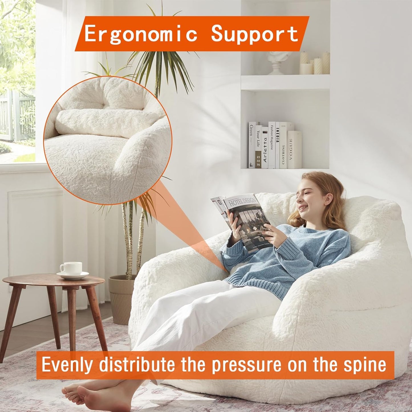 Bean Bag Chair for Adults with Pillow,Oversized Bean Bag Couch Chairs for Adults,Giant Lazy Couch Sofa Chairs with Filler,Large Reading Chair for Living Room Bedroom,White