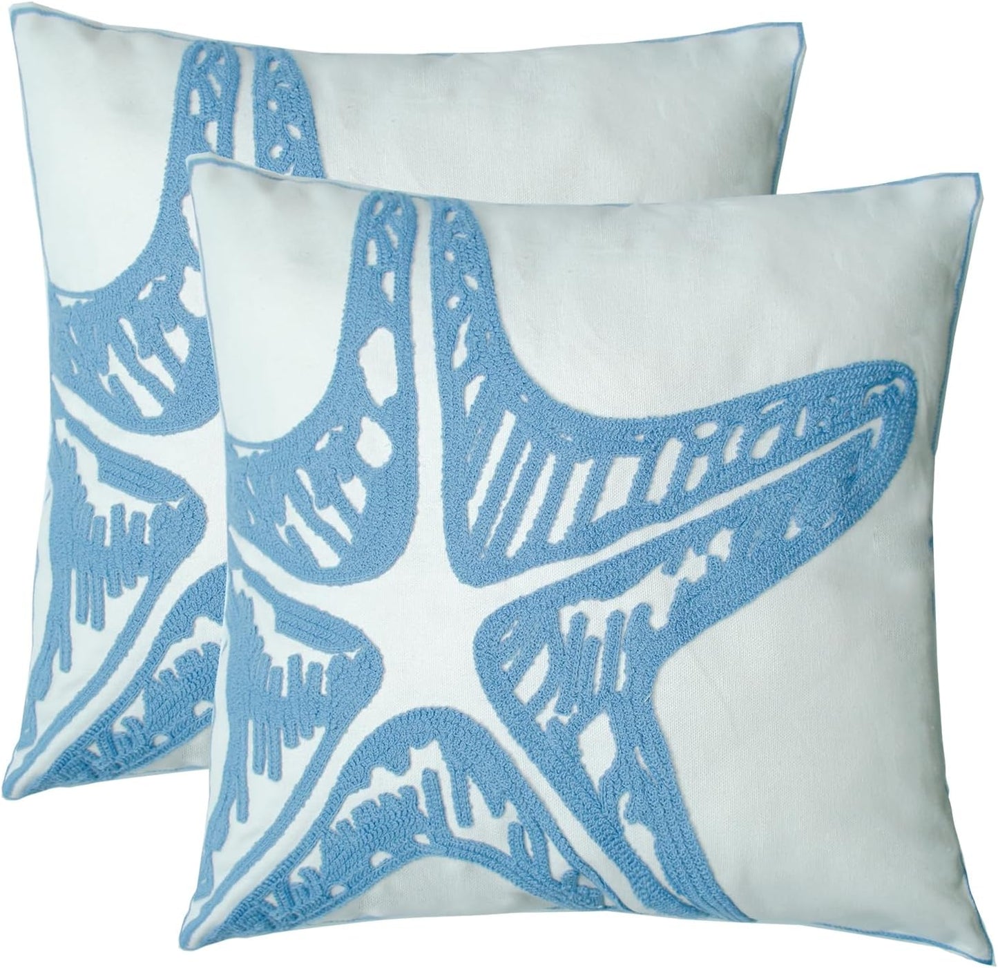 Embroidered Decorative Throw Pillow Cover, 18"x18" Set of 2, Farmhouse Pillowcase Blue Sea Star Knit Pattern Cotton Canvas Cushion Case Square Floral Pillow Case for Sofa Couch Bed Living Room