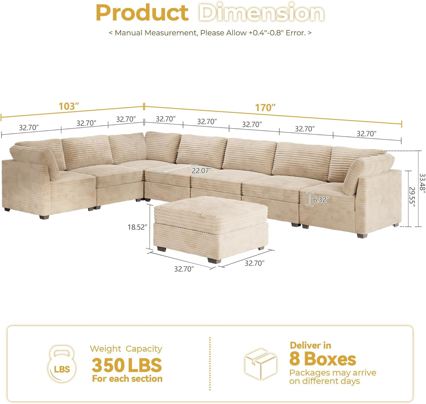 HOOOWOOO Modular Sectional Sofa,8 Pieces Sectional Couches for Living Room,164X66 L Shaped Cloud Couch with Ottoman Chaise Set(Beige Velvet Corduroy)