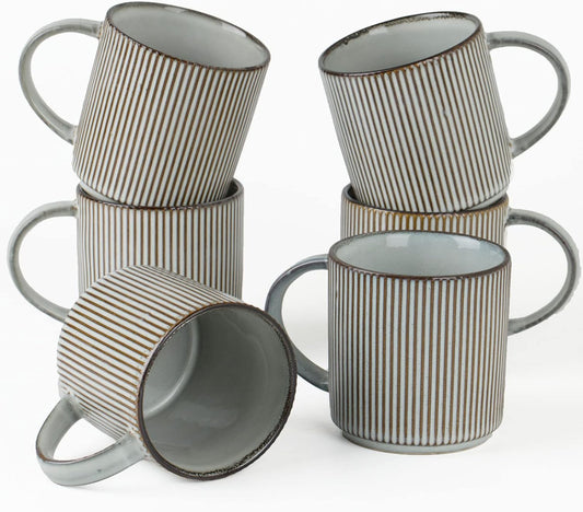 famiware Coffee Mug Set for 6, Star 12 oz Catering Mugs Cup Set with Handle for Coffee, Tea, Cocoa, Milk - Ceramic Stoneware Drinkware Set, Smoky Blue