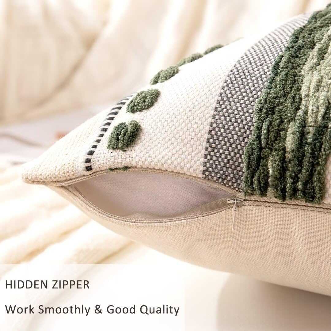 Boho Throw Pillow Covers 18x18 Set of 2 Christmas Decorative Cushion Case Striped Square Pillows Cover Chenille Pillow Cases Accent Neutral Pillowcase for Sofa Couch Bed,Dark Green