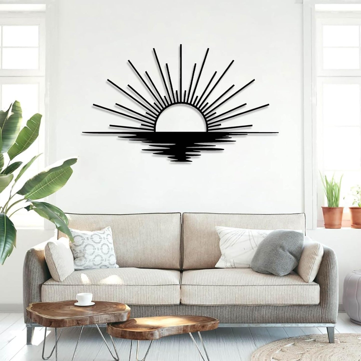 Sunrise Metal Wall Art, Metal Sun Wall Decor, Sun Outdoor Wall Art, Abstract Sunrise Wall Decor, Boho Home Hanging, Living Room Wall Hanging (Silver, 59"x35"/150x90cm)