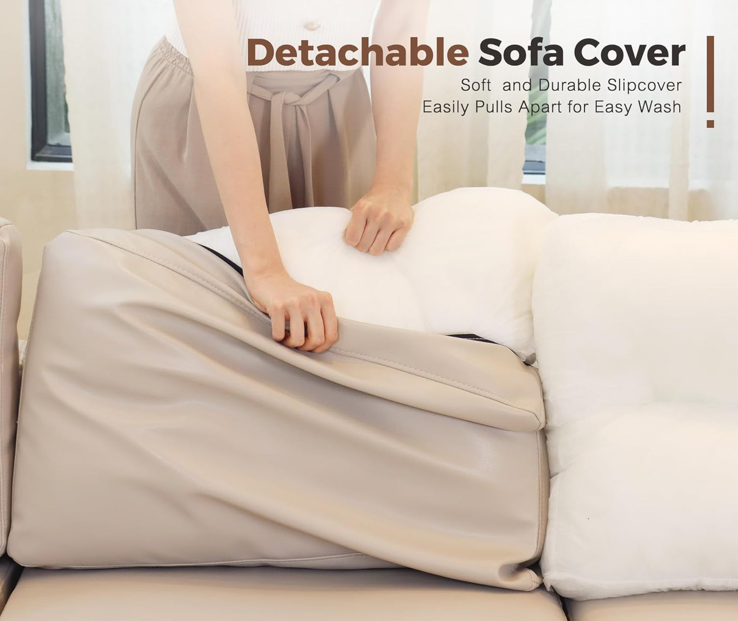 118.5" Faux Leather Modular Sectional Sofa, L Shaped Couch Set for Living Room, 6-Seater Comfy Cloud Couches with Movable Storage Ottoman Whitesand