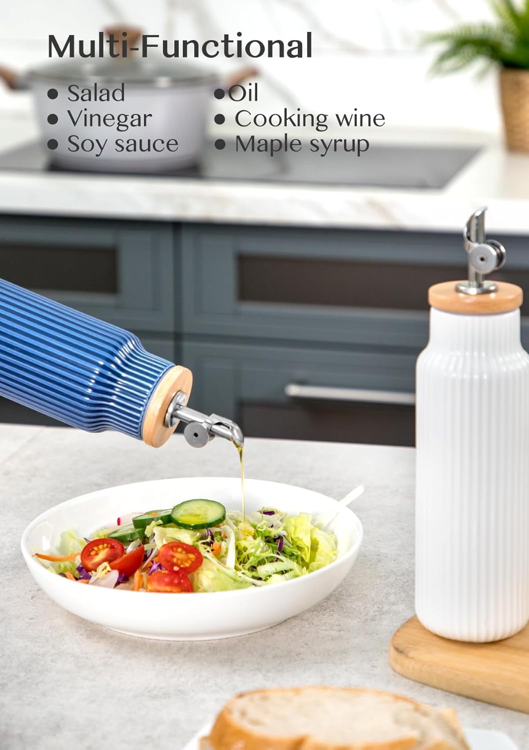 Nucookery Ceramic Olive Oil Dispenser Bottle for Kitchen, 14 oz Opaque Vinegar Dispenser Bottle, Large Capacity Cooking Oil Container for Storage Vinegar, Soy Sauce, Coffee Syrup, Blue