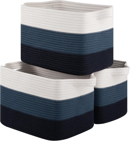 Storage Basket for Organizing, Woven Baskets for Storage, Rectangle Decorative Baskets for Shleves, Closet, Toys, Books, Nursery Organizer Bins - Pack of 3 (Gradient Blue)