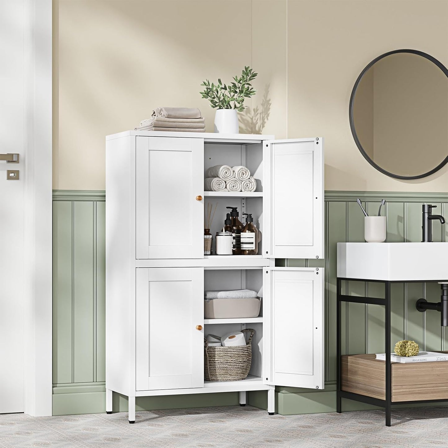 Letaya Storage Cabinet with Doors and Shelves,Small Freestanding Bathroom Floor Metal Cabinets -White