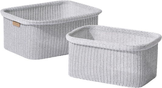 La Jolie Maison Blended Fabric Storage Baskets Set of 2, Rectangle Knitted Baskets for Organizing, Boho Decorative Baskets, Durable Finish, Grey