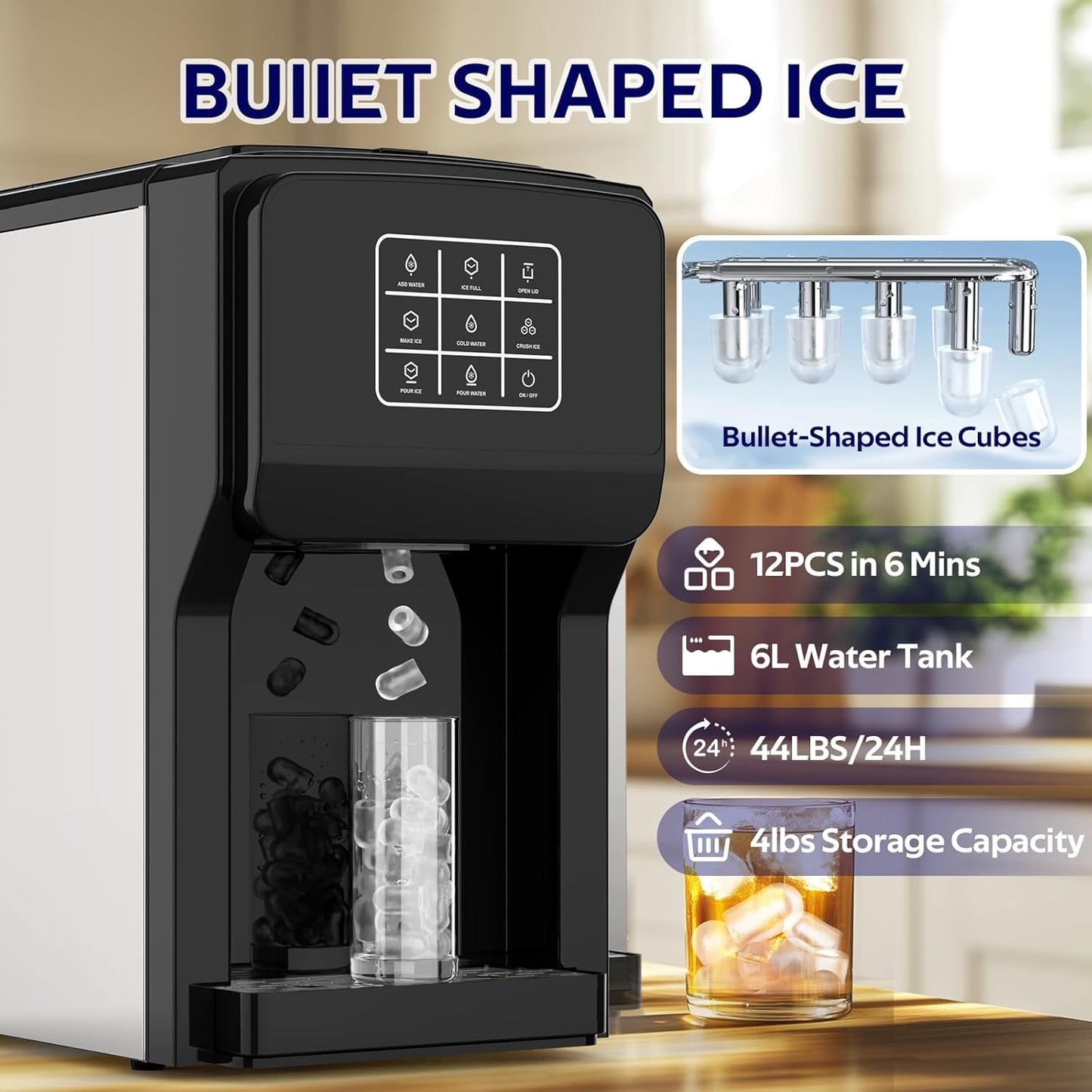 3 in 1 Water Dispenser with Ice Maker, Ice Maker Countertop, Bullet Ice, Crushed Ice, Water Cooler, 44Lbs/24H, 12 Ice/6Min, Self-Cleaning, 4Lbs Ice Storage, Home/Kitchen/Party/RV (Touchscreen)