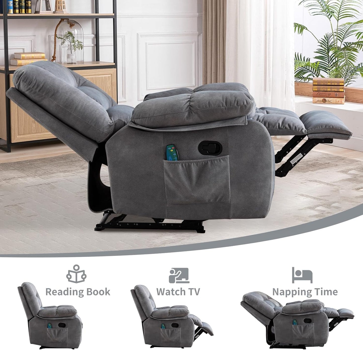 Massage Recliner Chair with Heat and Massage, Soft Fabric Ergonomic Manual Reclining Chairs, Heavy Duty Reclining Sofa Chair with Side Pockets for Living Room (Light Grey)