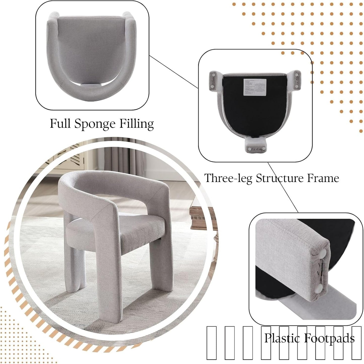 Grey Chenille Dining Chairs Set of 4, Modern Barrel Dining Room Chairs Upholstered Faux Fur Accent Chair with Arms and Round Back for Living Room Kitchen Armchair No Assembly Needed