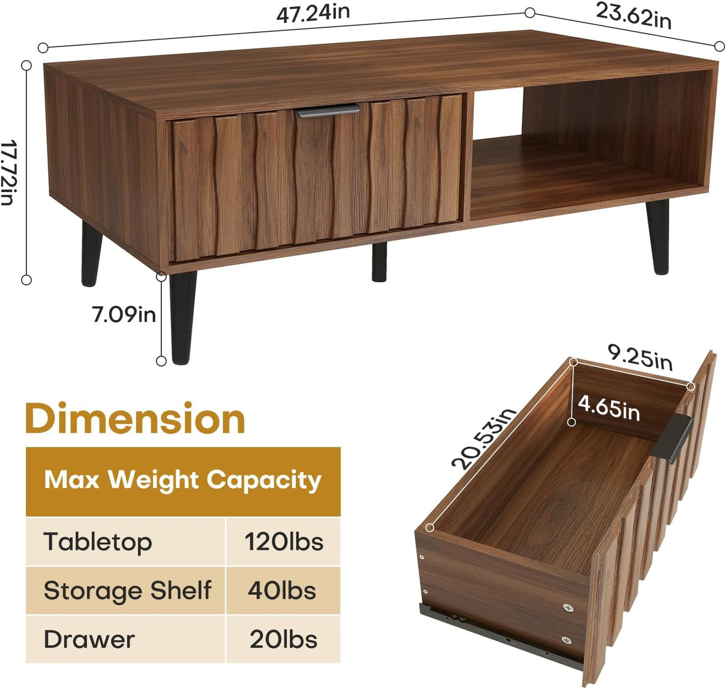 Mid Century Modern Coffee Table with Grooved Drawers & Open Storage, 47" MDF Walnut Wood Center Table with Black Solid Wood Legs, Retro Living Room Furniture