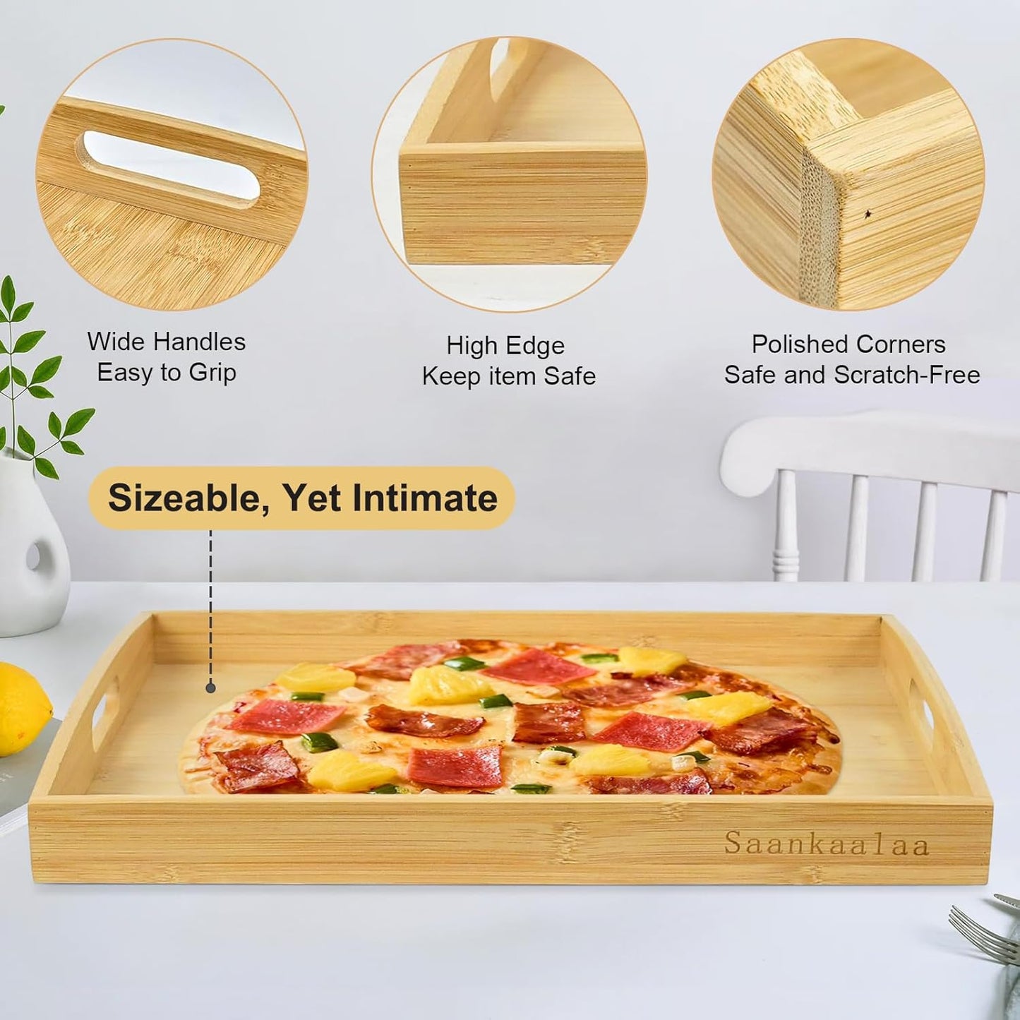 Bamboo Serving Tray Set of 2 Elegant for Coffee, Eating or Decor - Large and Small Rectangle Serving Trays with Handles - Wood Serving Tray Suitable for Home, Kitchen and Outdoor