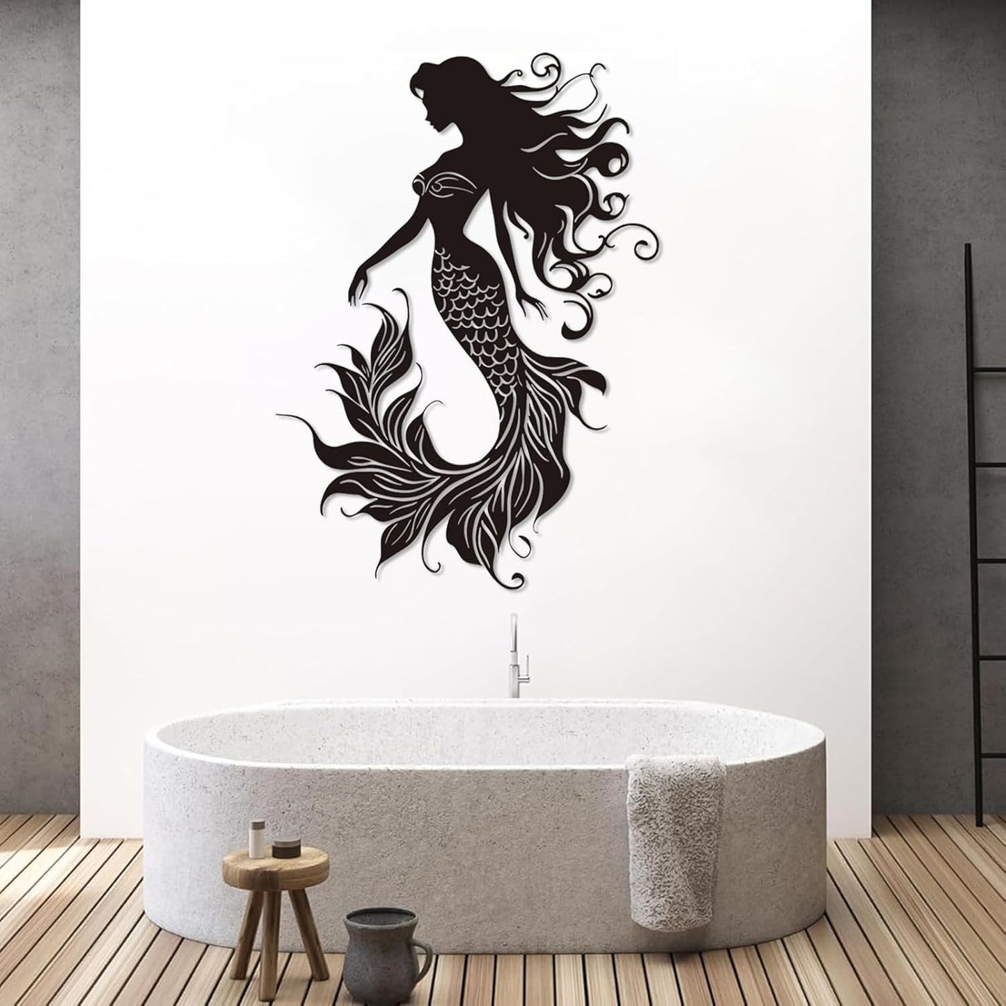 Veplsur Mermaid Metal Wall Art, Metal Mermaid Wall Decor, Marine Biology Wall Decor, Ocean Wall Art, Nautical Wall Hanging, Beach Hanging for Bathroom Bedroom (Silver, 48"x34"|121x86cm)