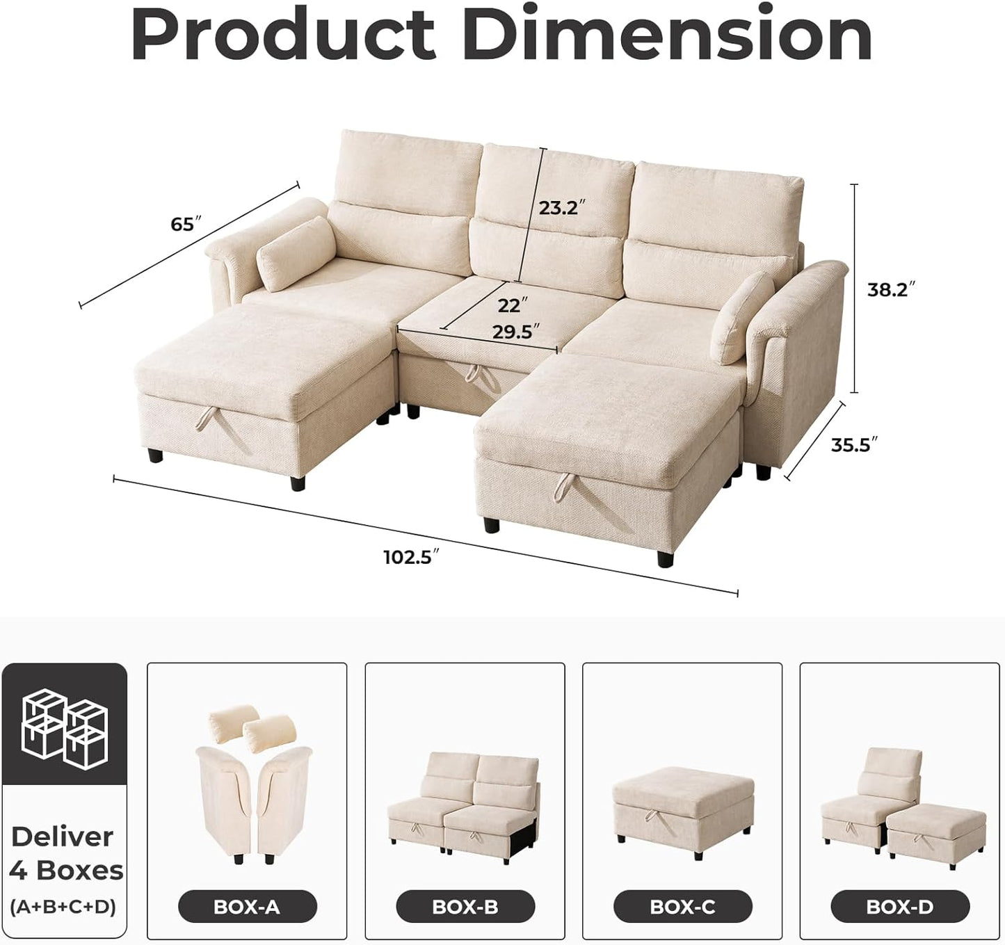 103''U Shaped Modular Sectional Sofa, Comfy Cloud Sectional Couch with Storage Ottoman, Chenille Deep Seat Modern Modular Sofa with 2 Throw Pillows for Living Room,Beige