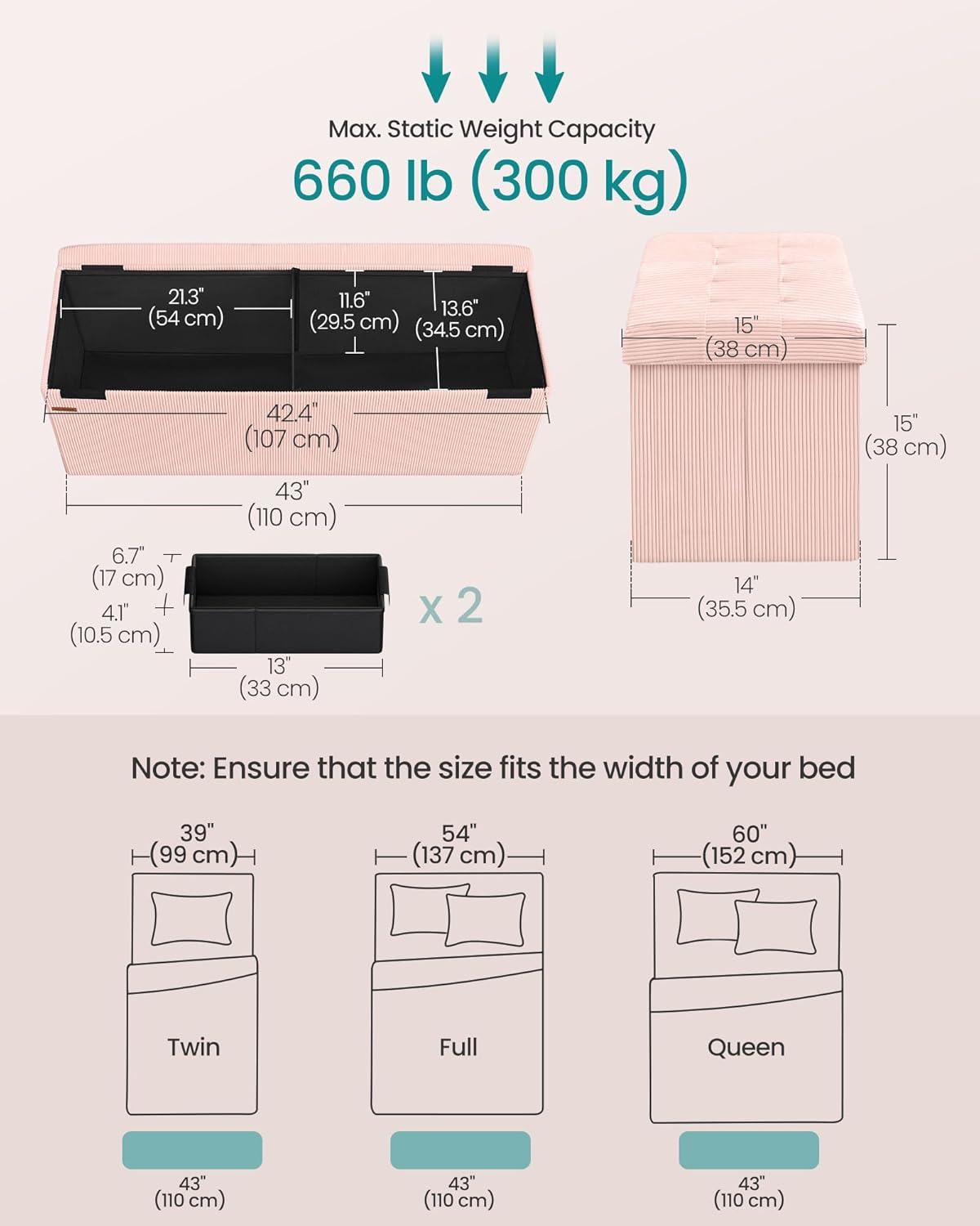 SONGMICS MAZIE Collection - Storage Ottoman Bench, Foldable Foot Rest, 15 x 43 x 15 Inches, End of Bed Bench, Storage Chest, Load 660 lb, Living Room, Bedroom, Entryway, Jelly Pink ULSF604R01