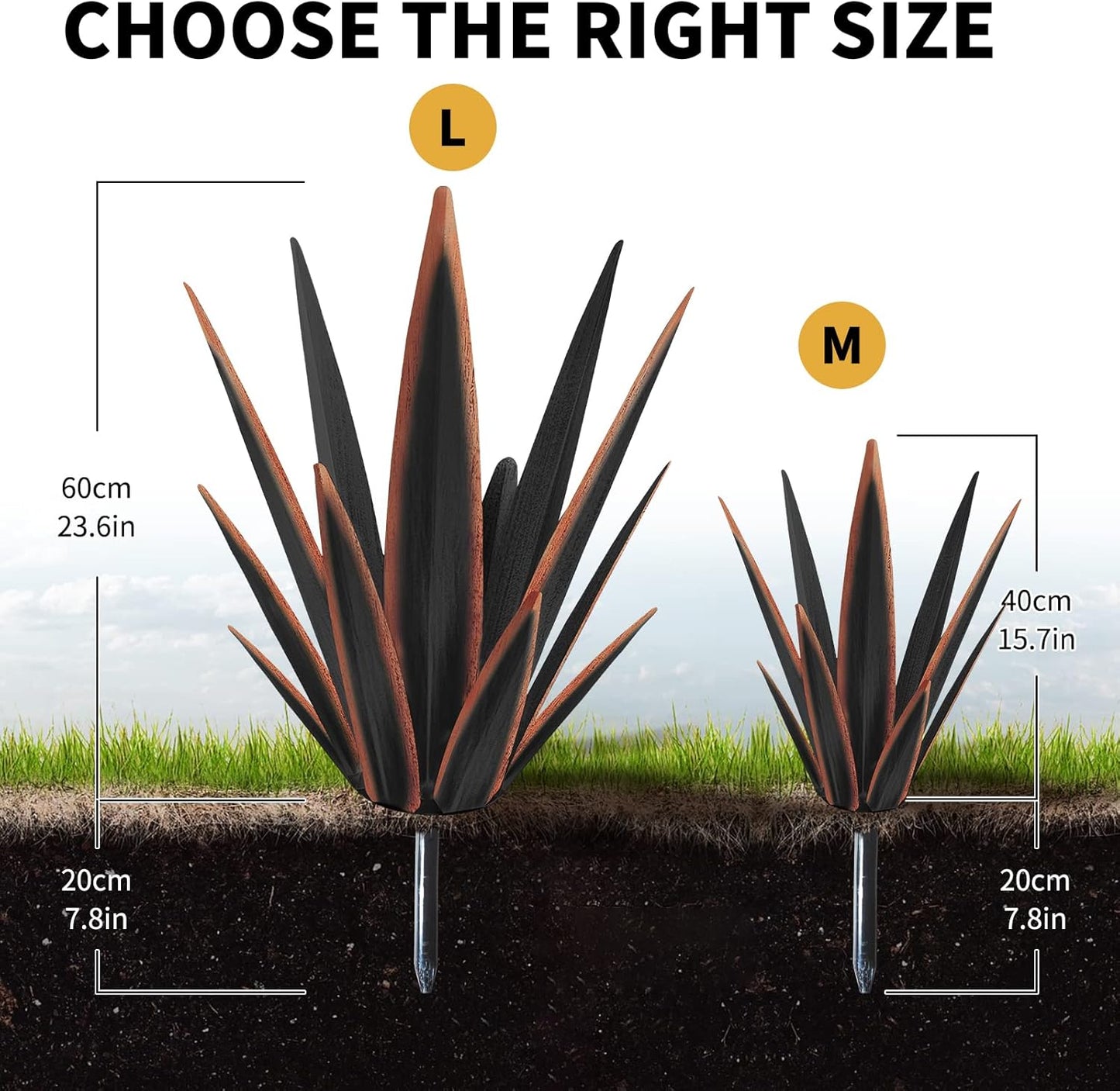 Large Tequila Rustic Sculpture, Rustic Metal Agave Plants for Outdoor Patio Yard, Home Decor Hand Painted Metal Agave Garden Yard Statue, Outdoor Lawn Ornaments Yard Stakes (Black -L)