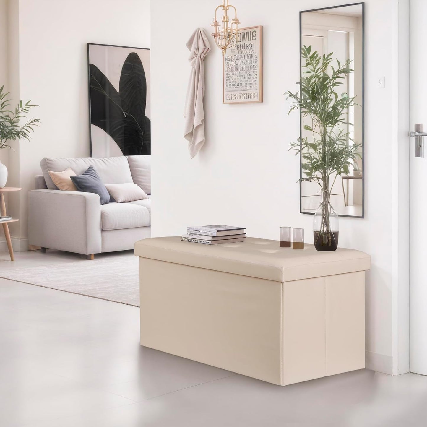 SUPER DEAL Folding Storage Ottoman Bench, 30 Inches Footrest Storage Bin with Padded Seat, Entryway Shoe Bench for Living Room Bedroom, 30"x15"x15", Faux Leather, Beige