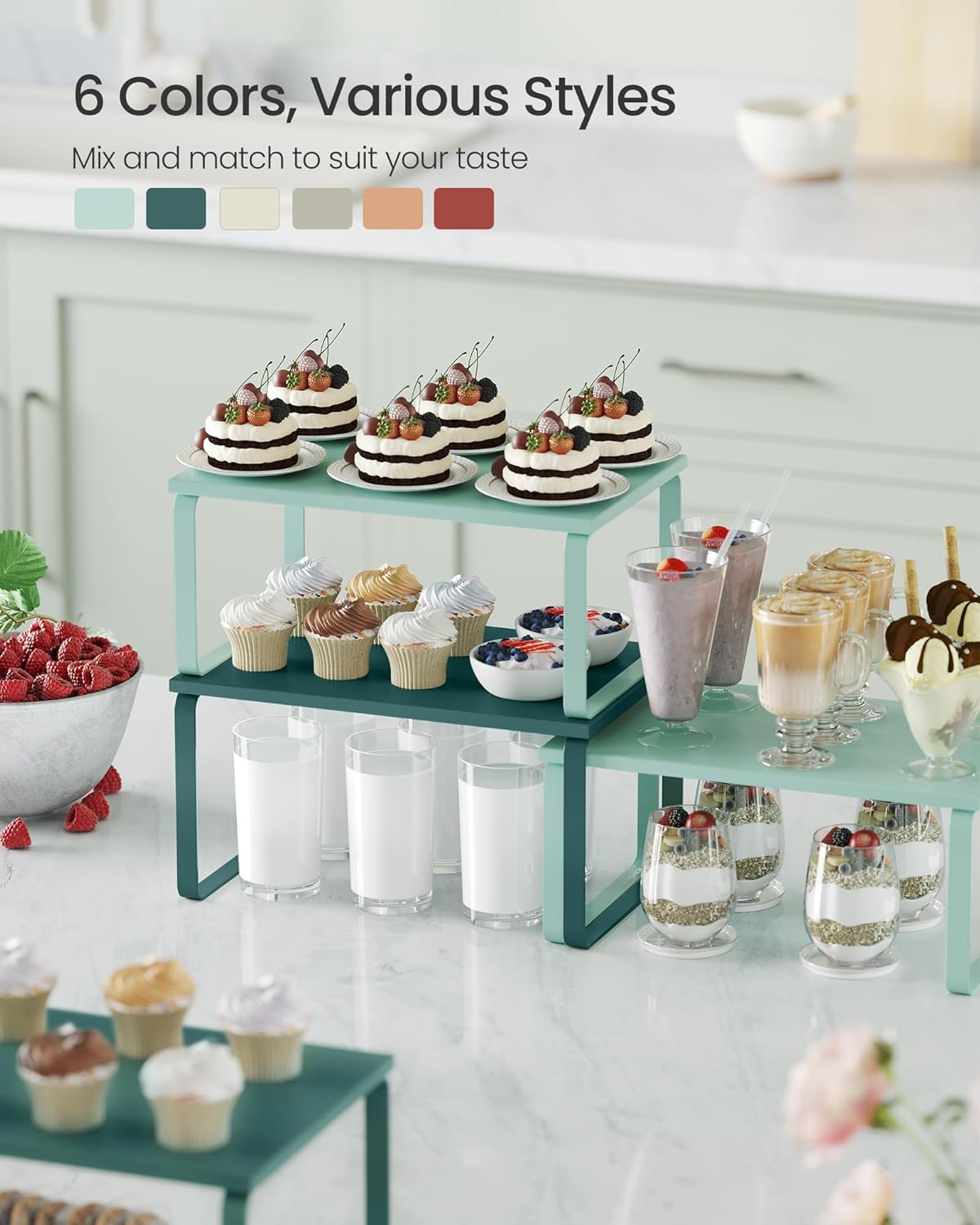 SONGMICS Cabinet Organizer Shelf, Set of 2 Kitchen Counter Shelves, Kitchen Storage, Spice Rack, Stackable, Expandable, Metal and Engineered Wood, Marrs Green UKCS002C02