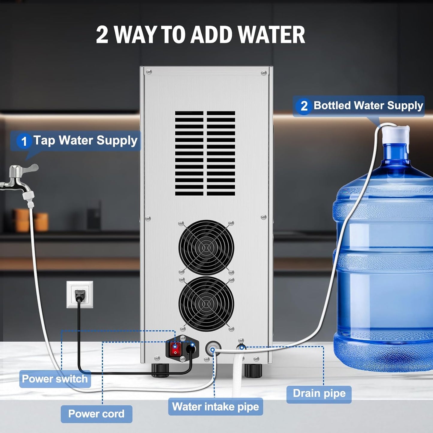 Nugget Ice Maker Countertop, 60LBS/Day with 5LBS Storage Bin, Water Dispenser Countertop Ice Maker Machine Stainless Steel, Soft Chewable Pellet Ice Machine for Home Bar Kitchen Office, Self-Cleaning