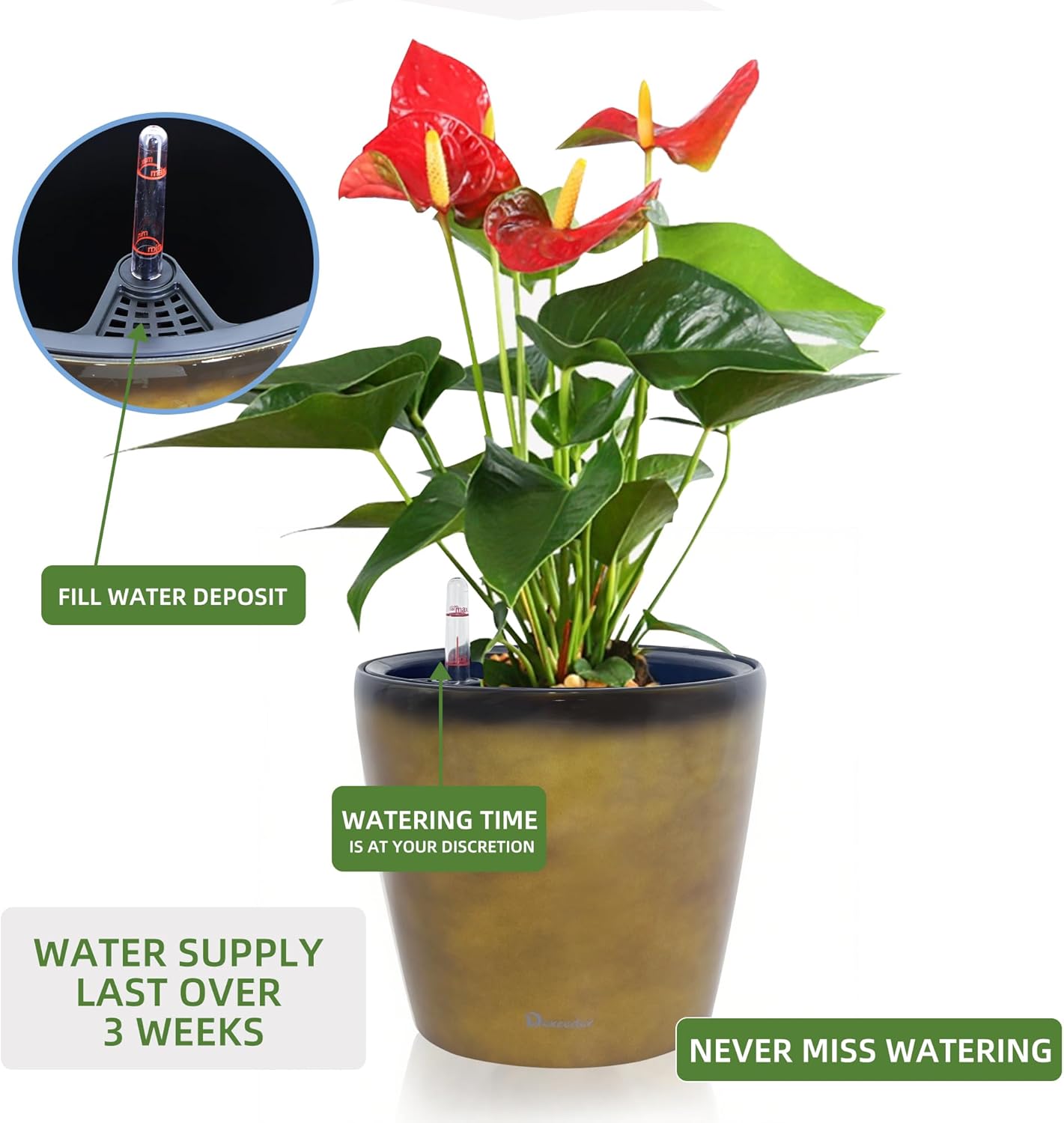 Dexceder 11x10 Inches Self Watering Planter Indoor Outdoor, Inner Pot Design, Thickened Table Flower Plant Pot with Water Level Indicator (Yellow Brown Gradient)