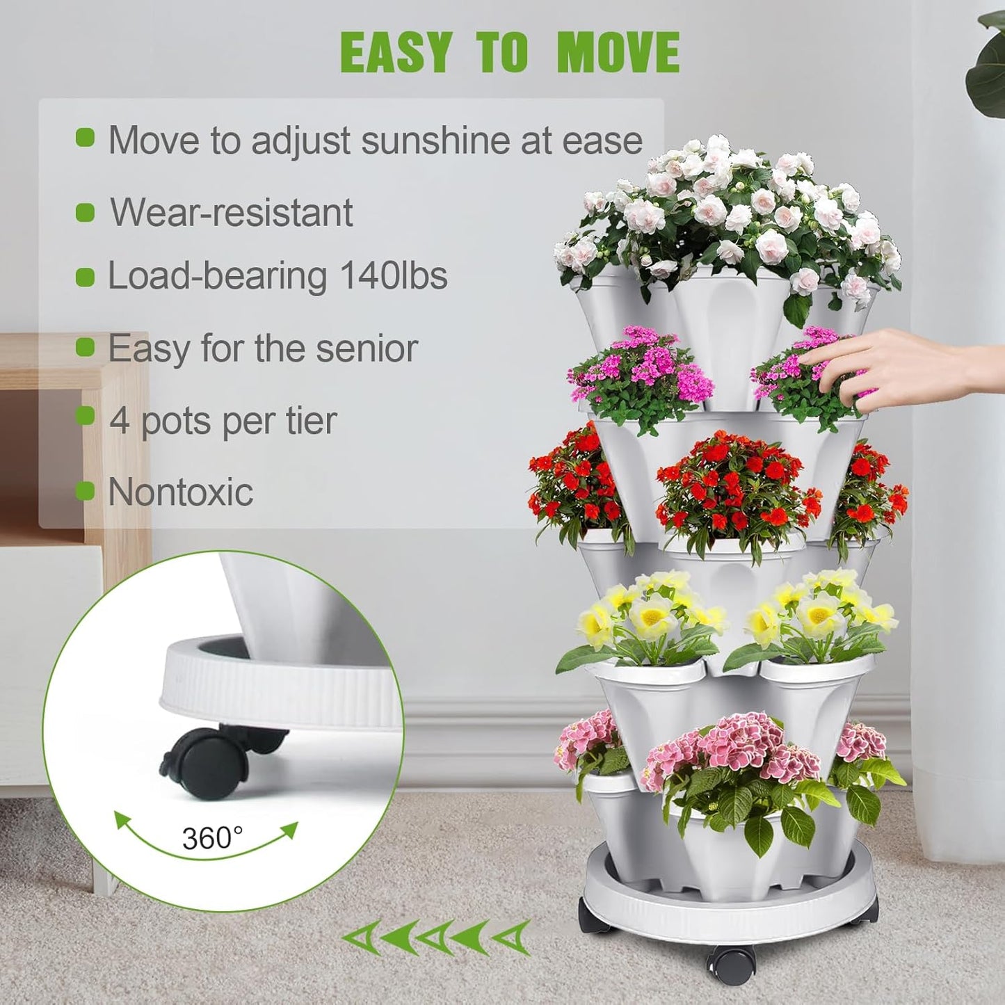 5 Tier Vertical Strawberry Planter-Tower Stackable Herb Planters-Stacking Garden Outdoor Planter Pot With Tools Mover For Flowers, Vegetables and Succulents