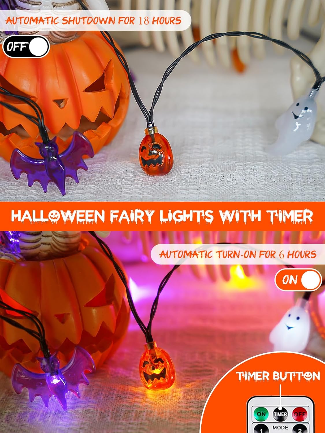 Halloween String Lights, 3D Pumpkin Bat Ghost Fairy Lights Battery Operated with Remote, 30LED Twinkle Light Waterproof 8 Modes & Timer for Halloween Parties Decorations Indoor Outdoor Windows Decor