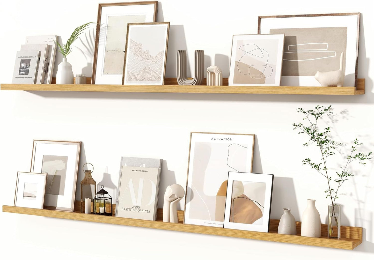 Fun Memories Picture Ledge Shelves Set of 2, 55 Inch Rustic Wall Mounted Floating Shelves with Lip for Home Storage and Décor in Bathroom, Kitchen, Nursery, Bedroom, Living Room, Oak