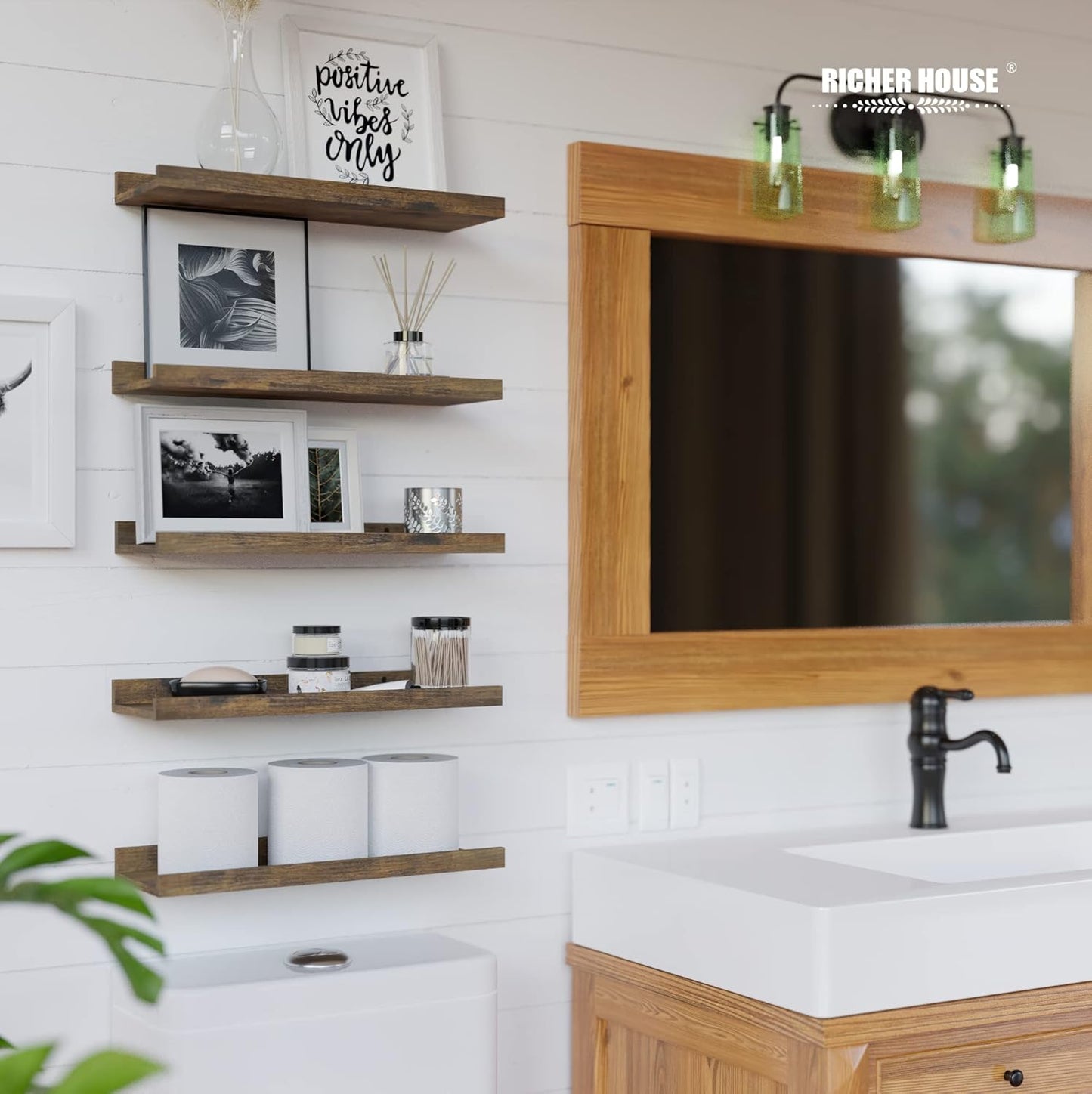 RICHER HOUSE 5 Set Floating Shelves for Wall Decor, Wall Mounted Book Shelf, Nursery Shelves Picture Ledge Shelf with Lip for Wall Storage, Bedroom, Living Room, Bathroom - Brown