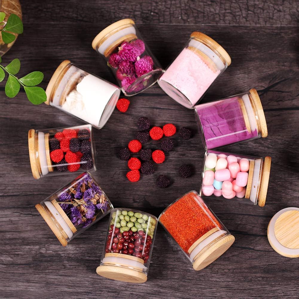 Spice Jar Set,2.5oz 20 Piece Glass Jar with Bamboo Airtight Lids and Labels, Mini Clear Food Storage Containers for pantry, kitchen canisters for Tea, Herbs, Sugar, Salt, Coffee