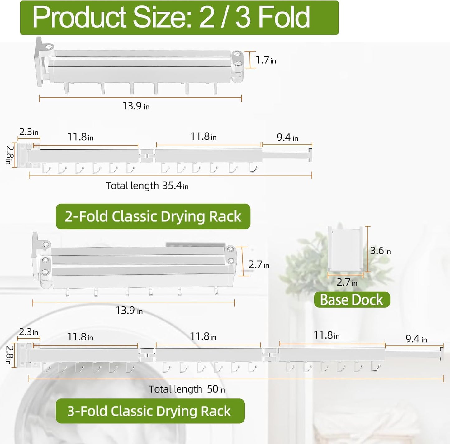 Foldable Clothes Drying Rack, 2 Fold Laundry Drying Rack Wall Mount, [No Drilling] Folding & Durable Space Saver for Laundry, Balcony, Bathroom, Patio, Dormitory, Apartment-White
