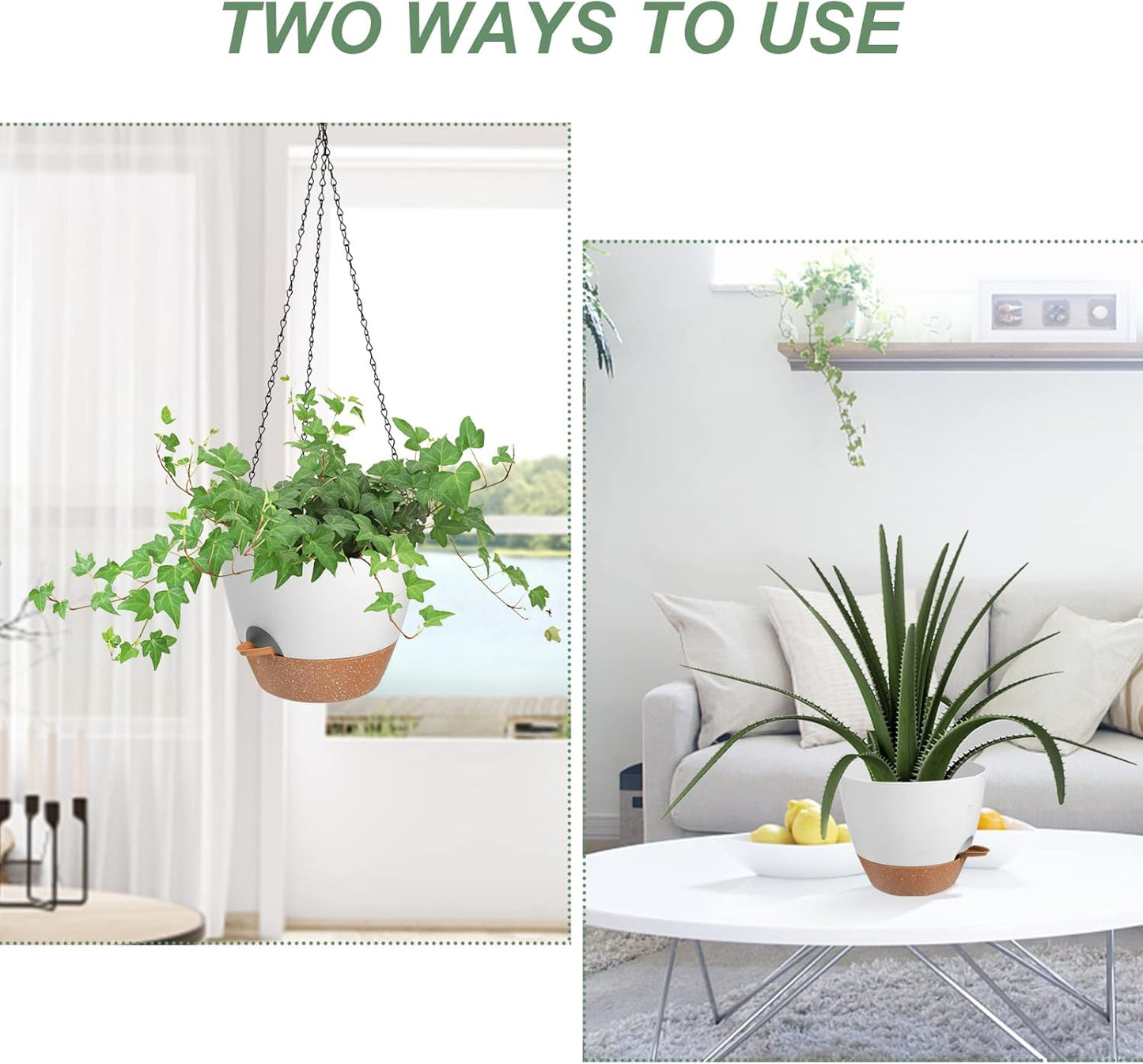 Hanging Planters for Indoor Outdoor Plants, 2 Pack Self Watering Hanging Pot with Drainage Holes & Removable Tray (White, 8'')