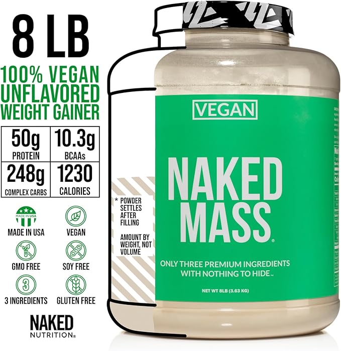 Naked Vegan Mass - Natural Vegan Weight Gainer Protein Powder - 8Lb Bulk, GMO Free, Gluten Free, Soy Free & Dairy Free. No Artificial Ingredients - 1,230 Calories - 11 Servings