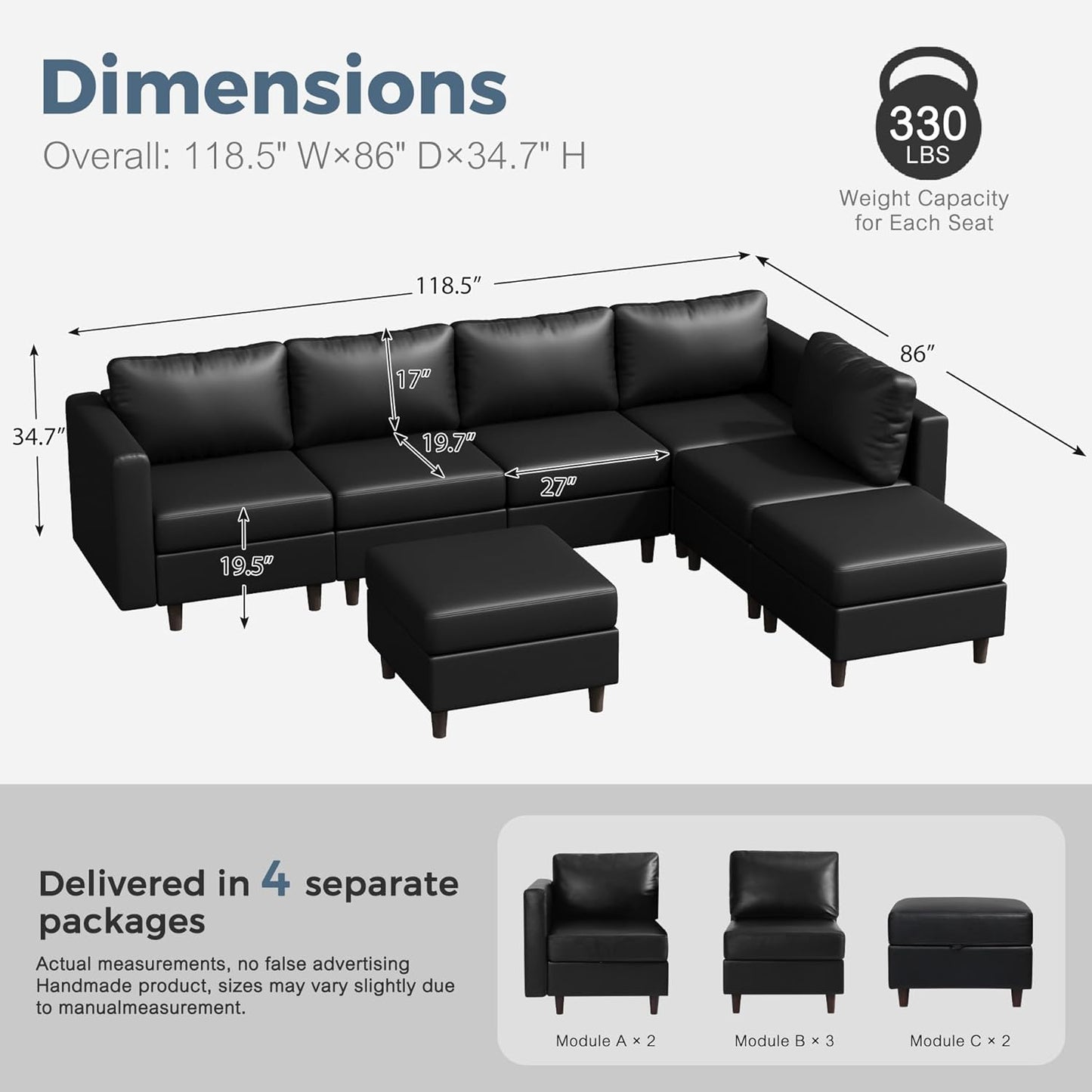 118.5" Faux Leather Modular Sectional Sofa, L Shaped Couch Set for Living Room, 7-Seater Comfy Cloud Couches with Storage Seat Black