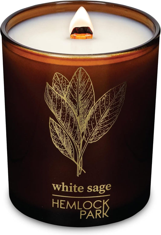 Hemlock Park Wood Wick Candle Handcrafted with Natural Coconut Wax and Essential Oils (Amber & Gold 7.2 oz, White Sage)