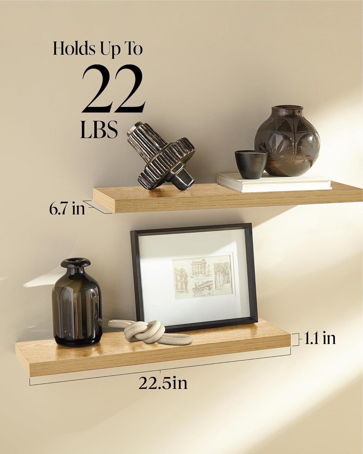 BAYKA Floating Shelves, 22.5" Wall Mounted Wood Shelves for Bathroom, Bedroom, Living Room, Kitchen, Hanging Shelf for Books/Storage/Decor (Oak-Toned,Set of 2)