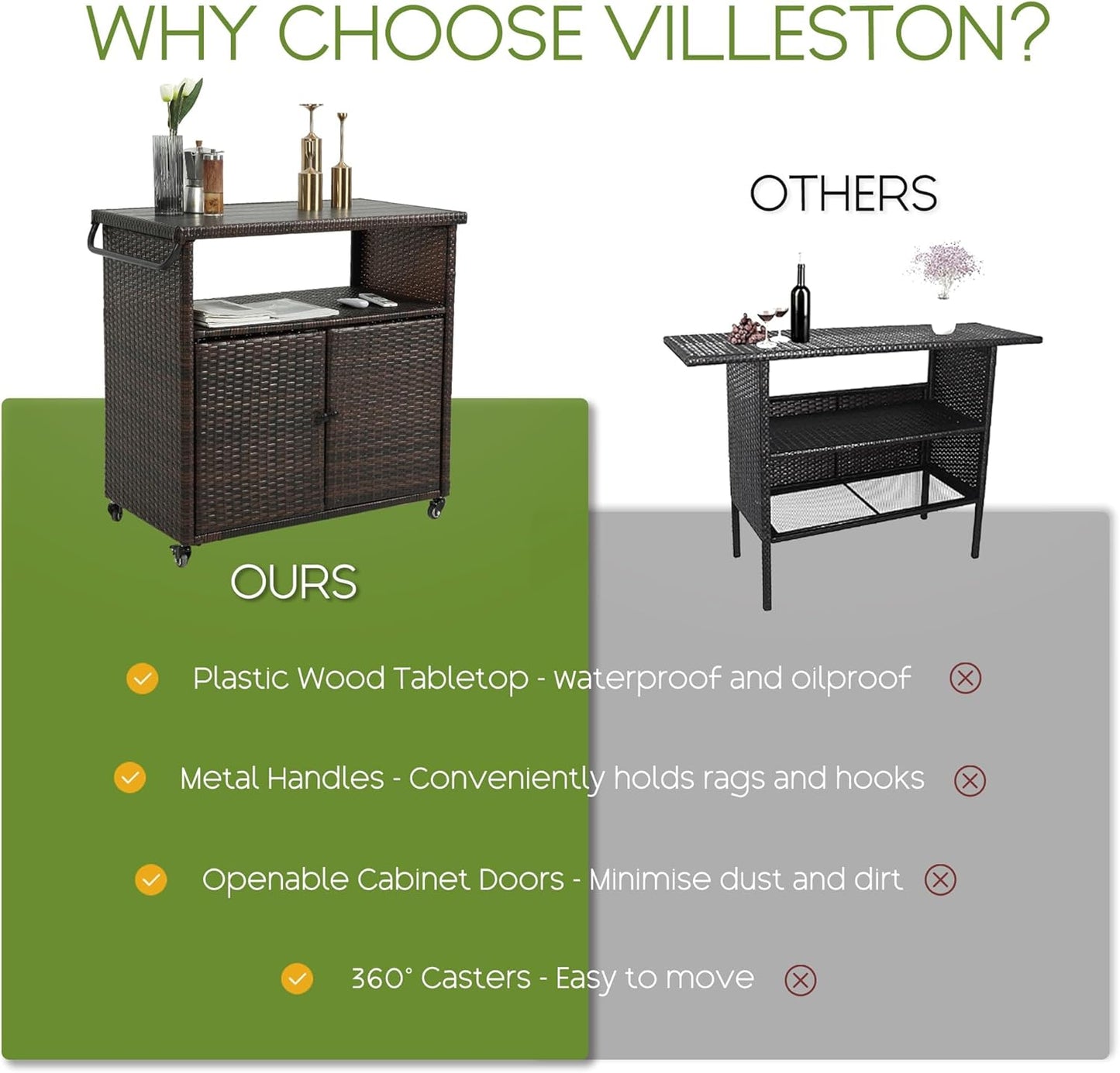 Wicker Outdoor Bar Cart - Brown Patio Console Storage Table Buffet Cabinet Serving Kitchen Cart with Wheels for Outside Backyard