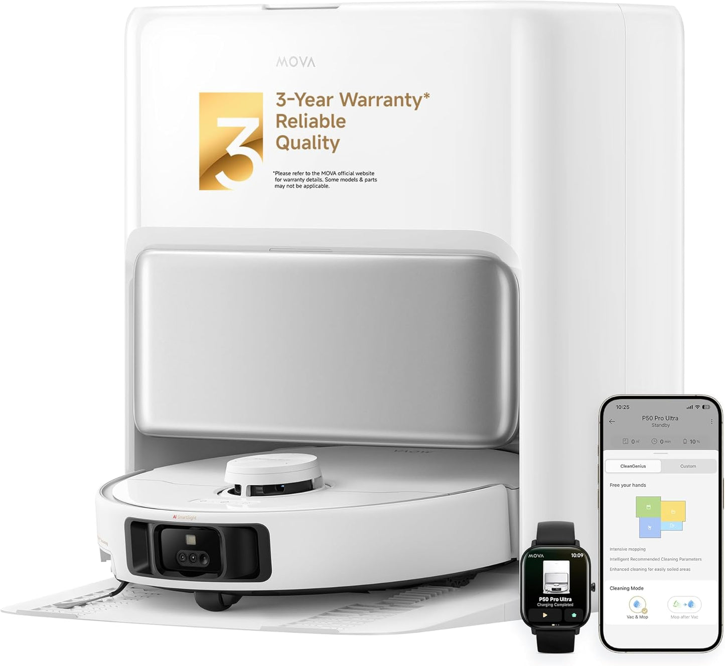 Mova P50 Pro Ultra Robot Vacuum and Mop, 19,000Pa Suction with Anti-Tangle Brush, Removable & Liftable Mop for Carpet & Floor, 167℉ Mop & Washboard Self Drying & Cleaning, Auto Empty & Refill